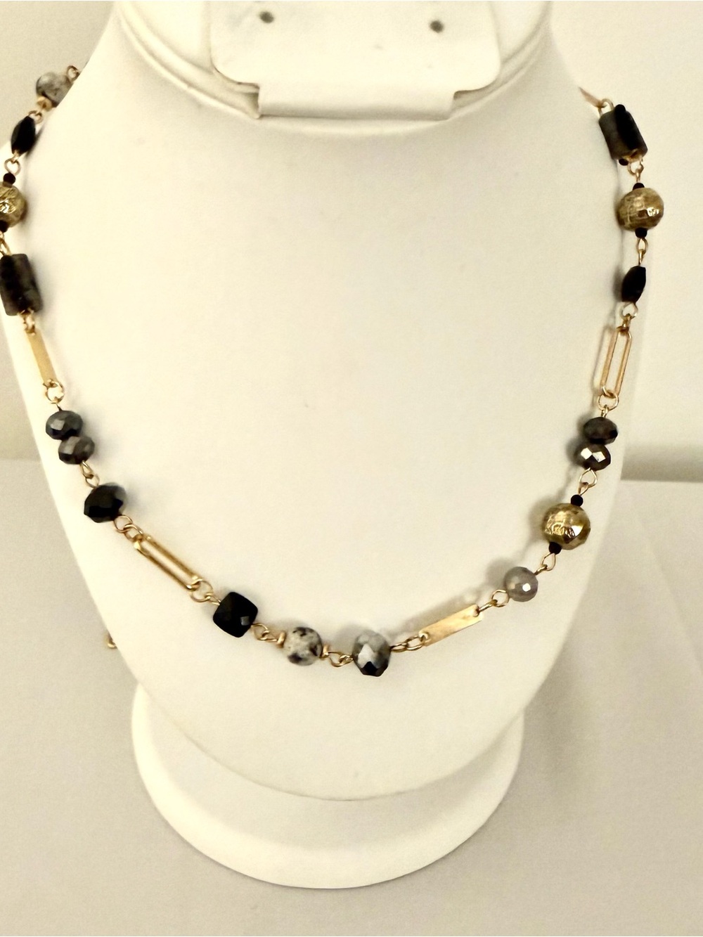 S925 Sterling Silver Gold Tone Black Gray Beaded Long Necklace 48-50.5"